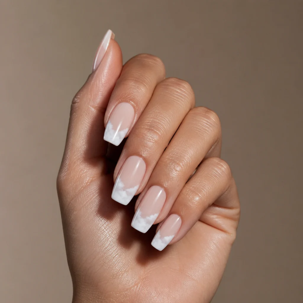 Medium coffin nails with a saturated white blooming french tip and a soft cloudy lower edge, editorial macro