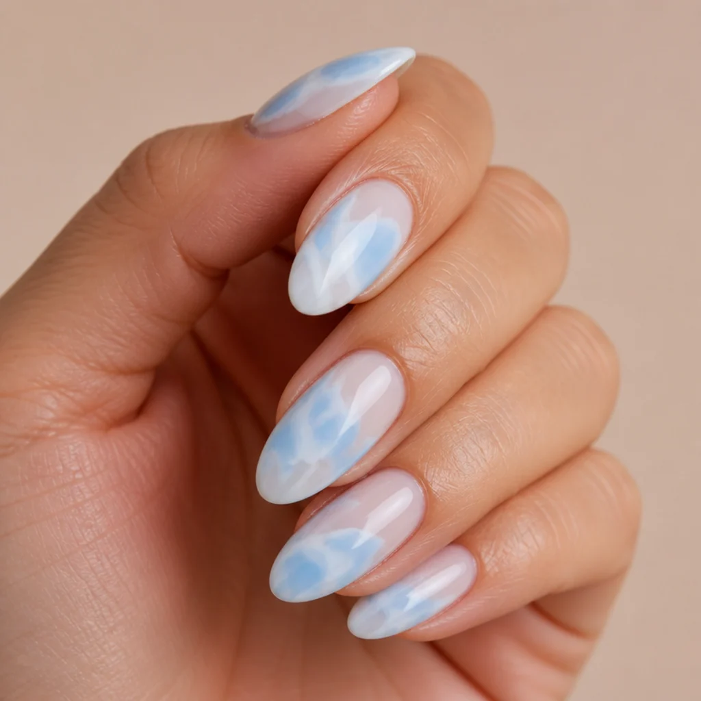 Almond nails with white and pale blue blooming gel swirled into soft overlapping clouds, editorial macro