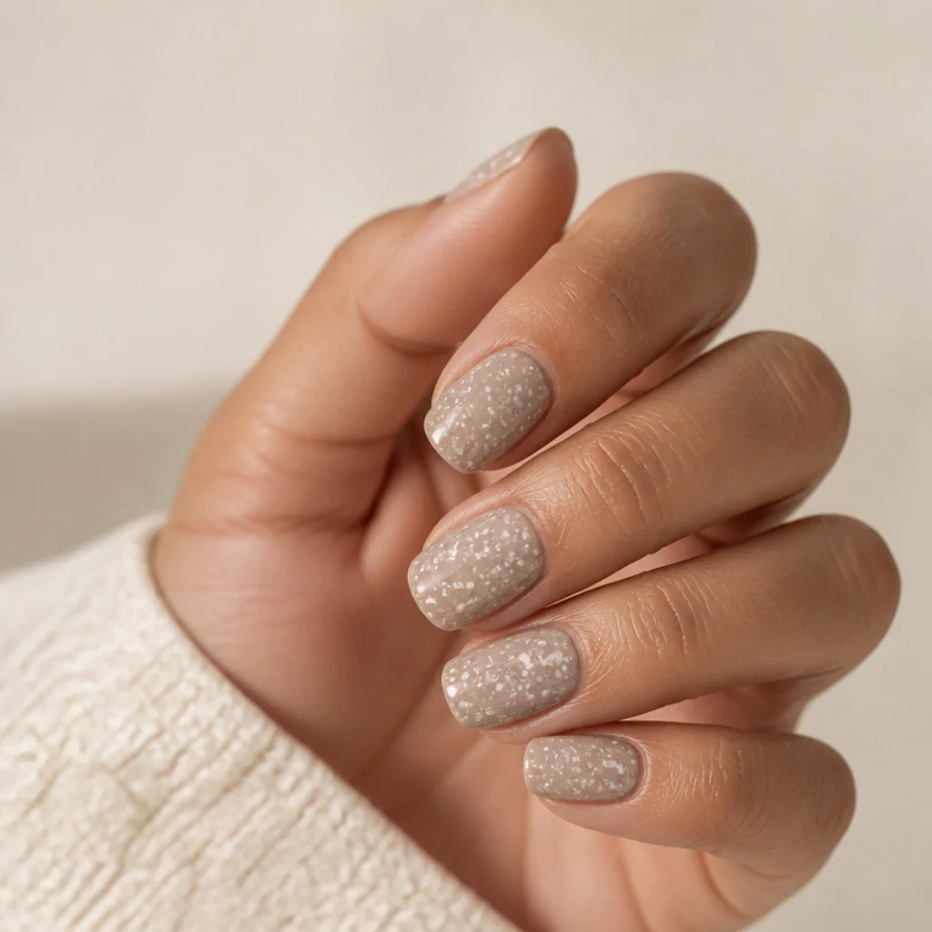 Squoval nails with white blooming splatters flicked across a taupe base in an artful scatter, editorial macro