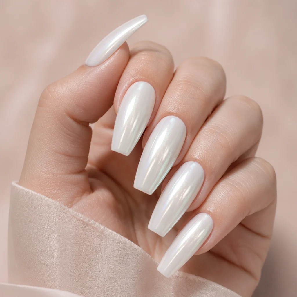 Long coffin nails with white blooming gel under a frosted chrome finish giving a pearly icy glow, editorial macro