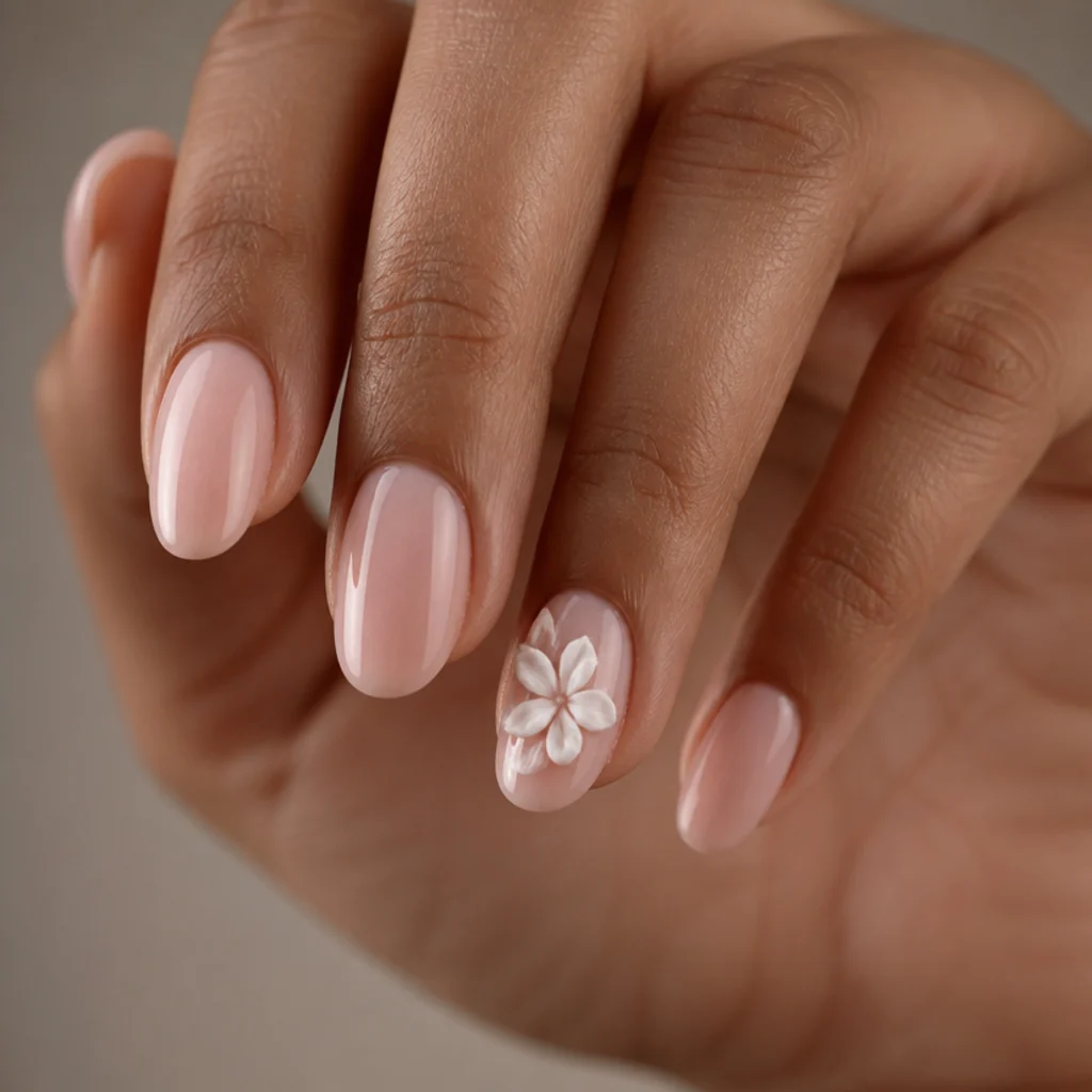 Almond nails with a single raised white 3D blooming petal accent sitting above the nail surface, editorial macro