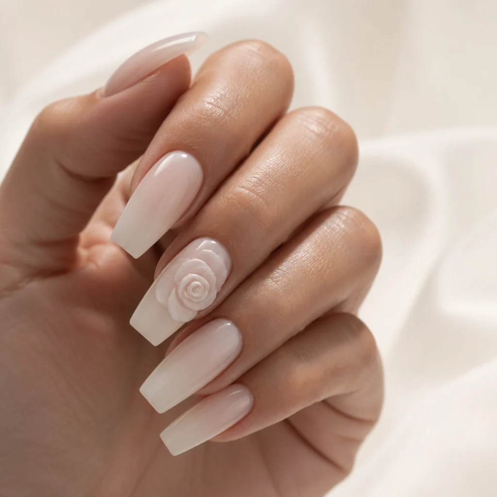 Long coffin nails with a sculpted white 3D rose bloomed at the edges for soft depth, editorial macro