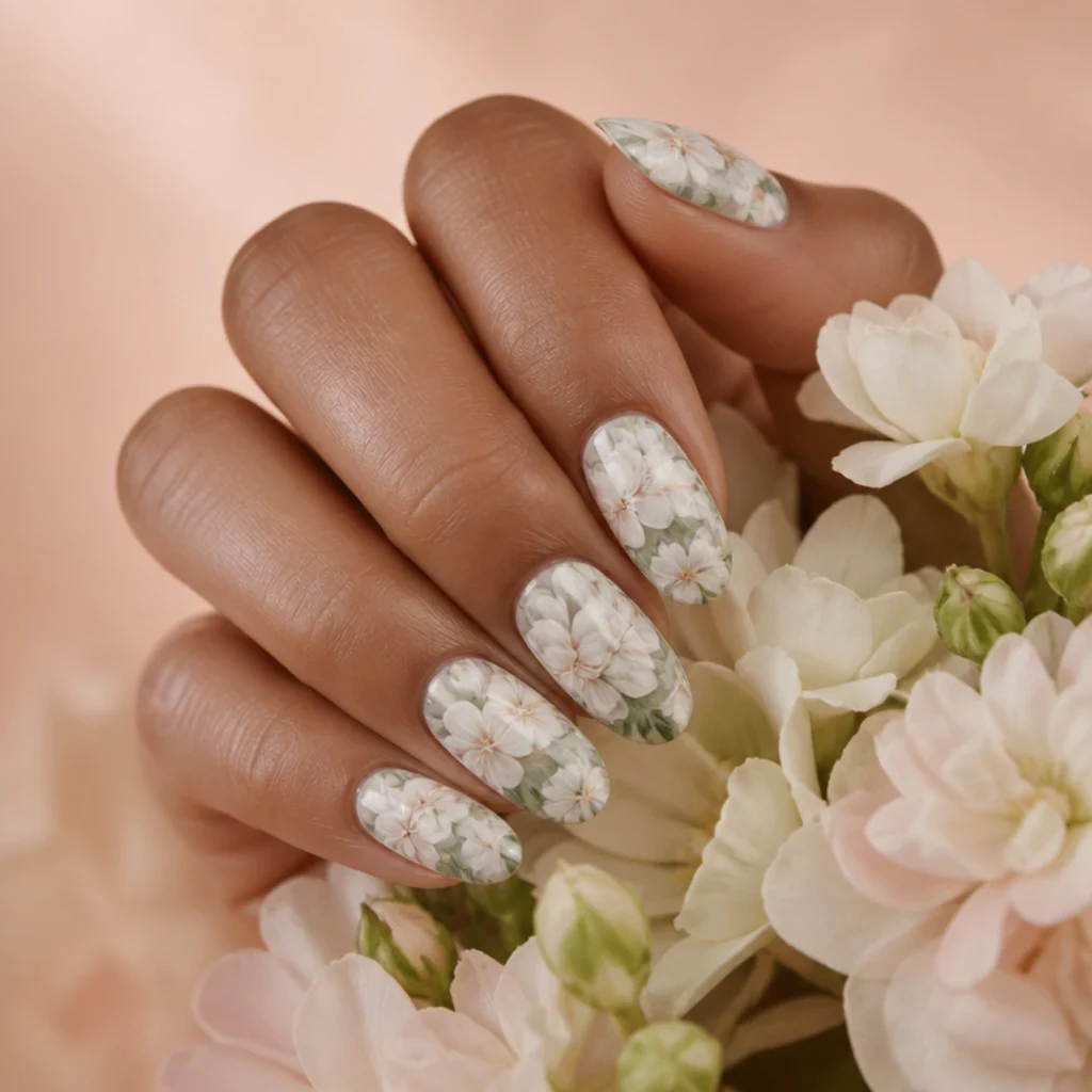 Medium almond nails fully covered in overlapping white blooming flowers and leaves like a soft garden, editorial macro