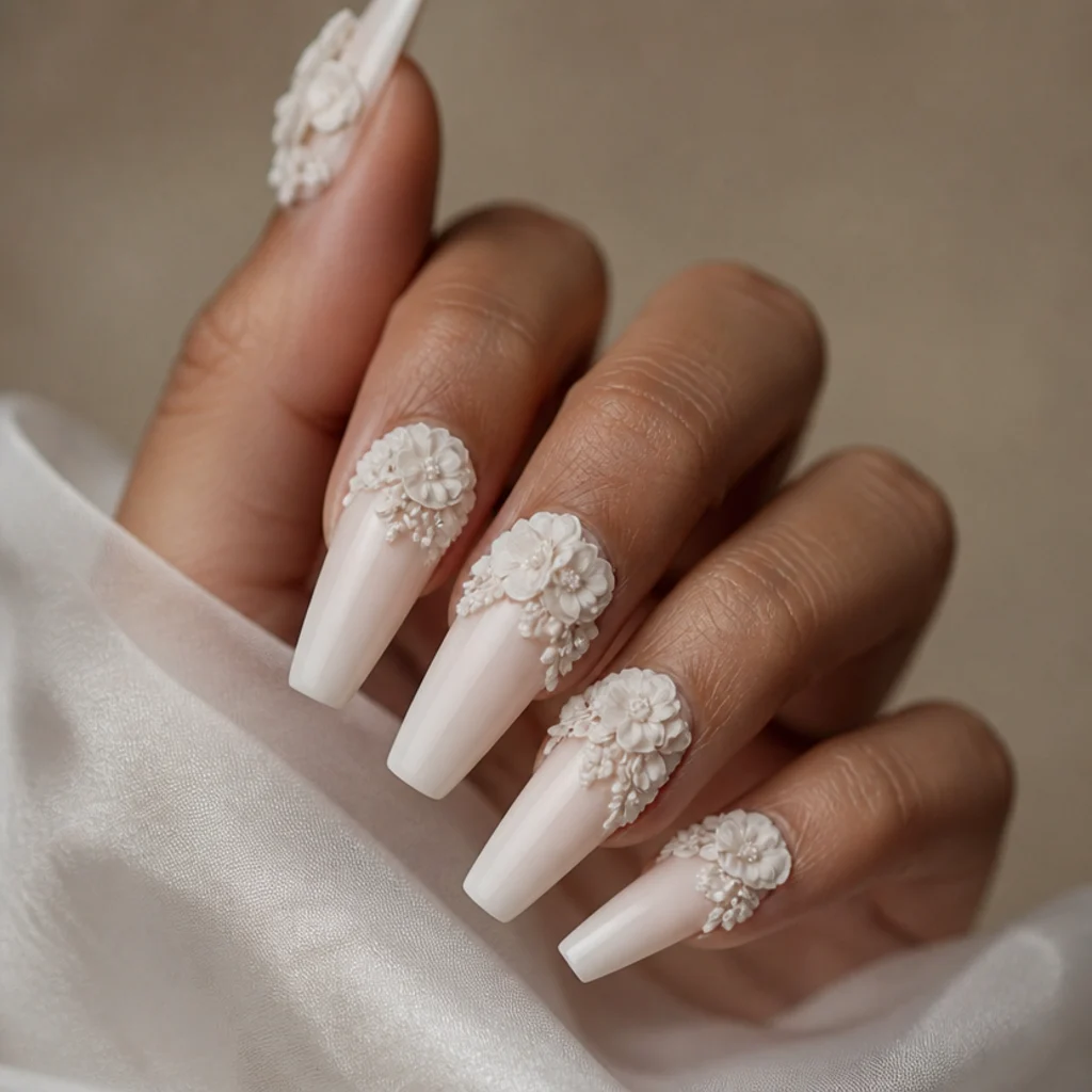 Long coffin nails with a sculpted 3D white blooming bouquet clustered near the cuticle for soft depth, editorial macro