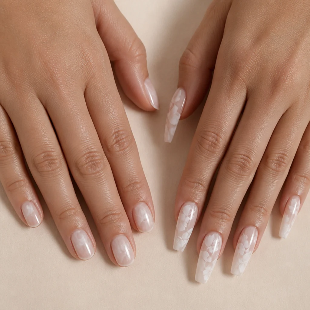 Editorial macro of two hands side by side showing a soft white wash on one and a bold blooming gel floral on the other