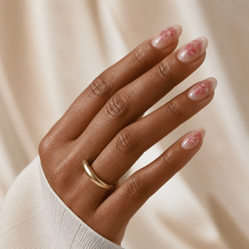 Close-up of manicured hand with soft blush watercolor blooming gel florals on almond nails against an ivory background