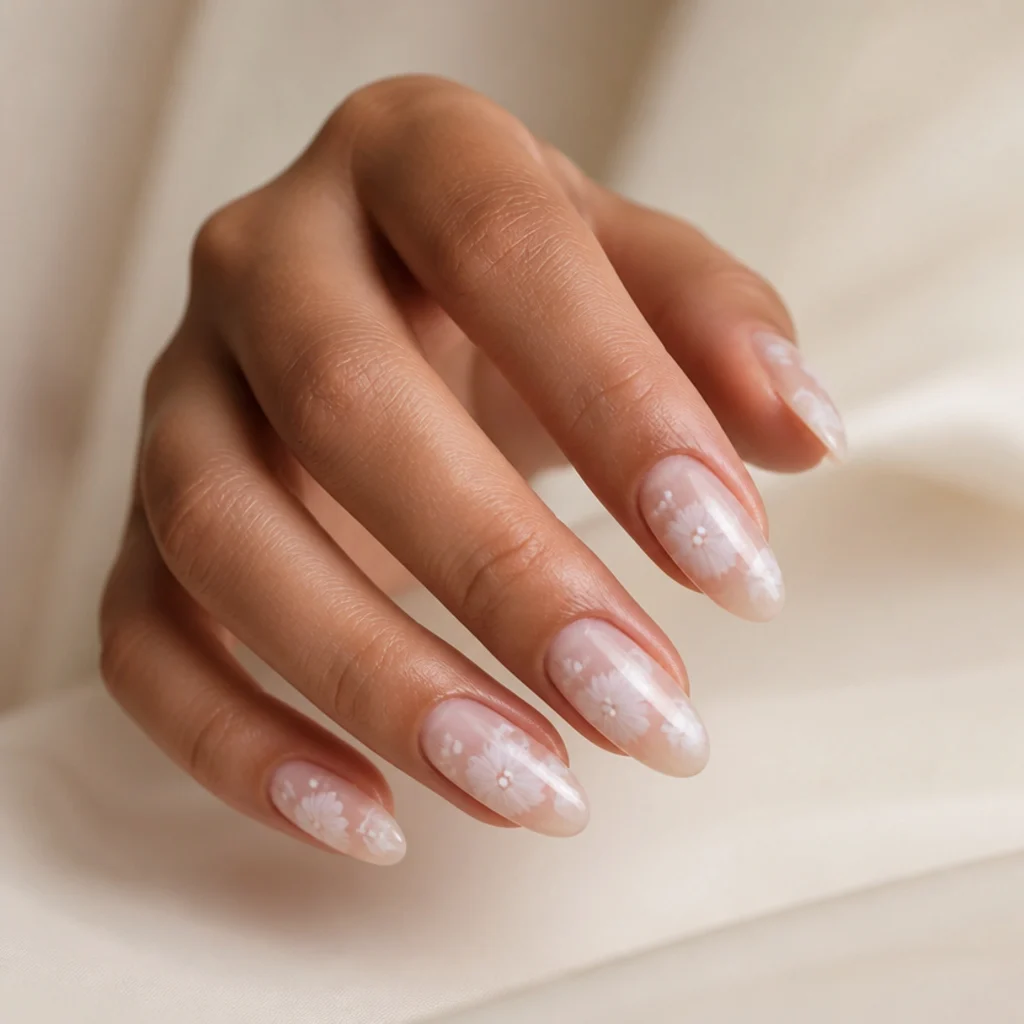 Almond nails painted with soft white watercolor blooming gel florals diffused over a sheer nude base