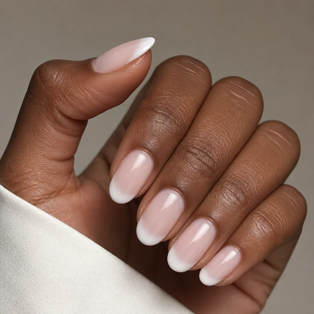 Oval nails with a soft white blooming gel French tip feathered along the smile line over a pale pink base
