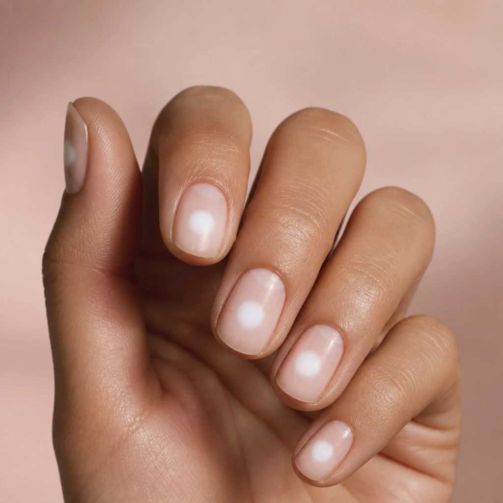 Short round nails in sheer nude with a single diffused white bloom dot haloed on each nail