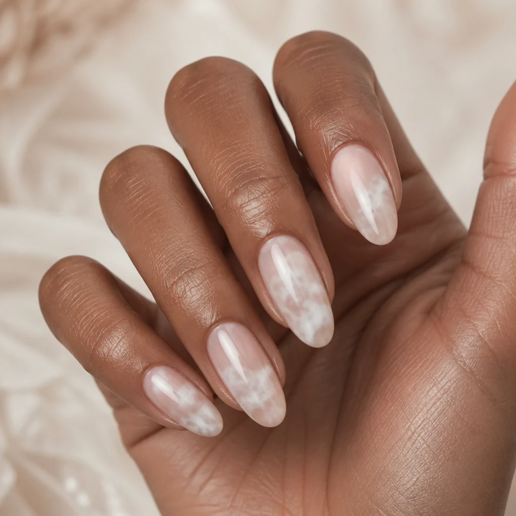 Almond nails with a milky white blooming gel cloud wash drifting across a translucent base