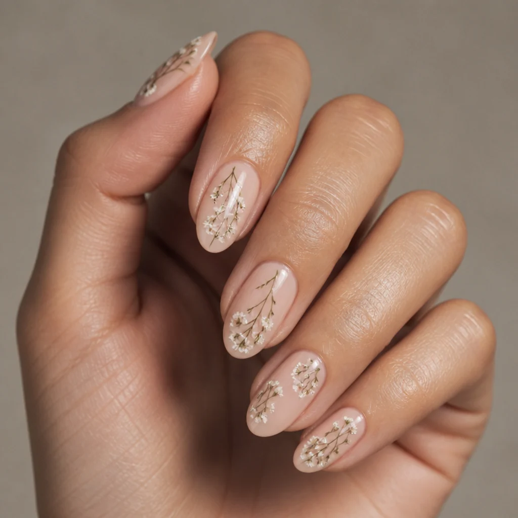Oval nails with tiny white baby's breath bloom sprigs scattered over a soft blush base