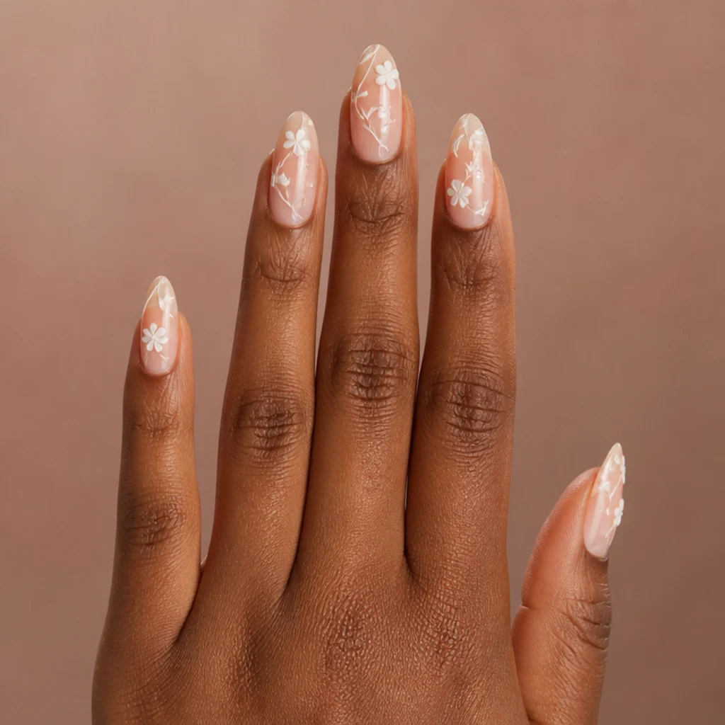 Long almond nails with delicate white blooming gel vines trailing across bare negative space