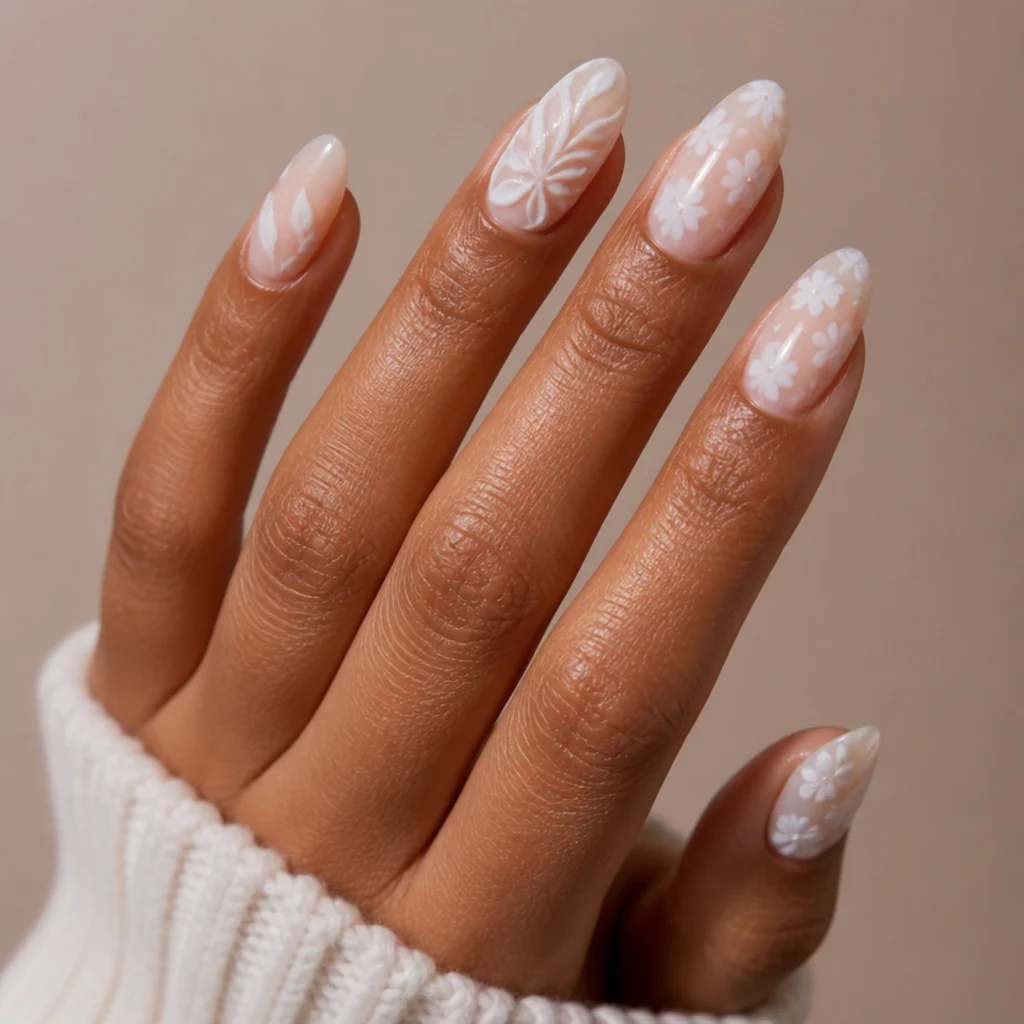 Almond nails with raised 3D white gel petal accents layered over soft diffused blooming florals