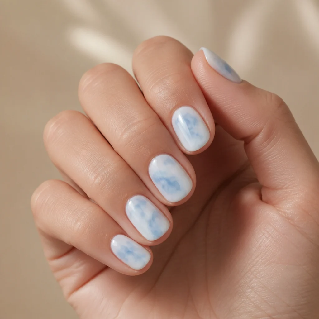 Short squoval nails with pale sky blue blooming gel clouds diffused over a white base