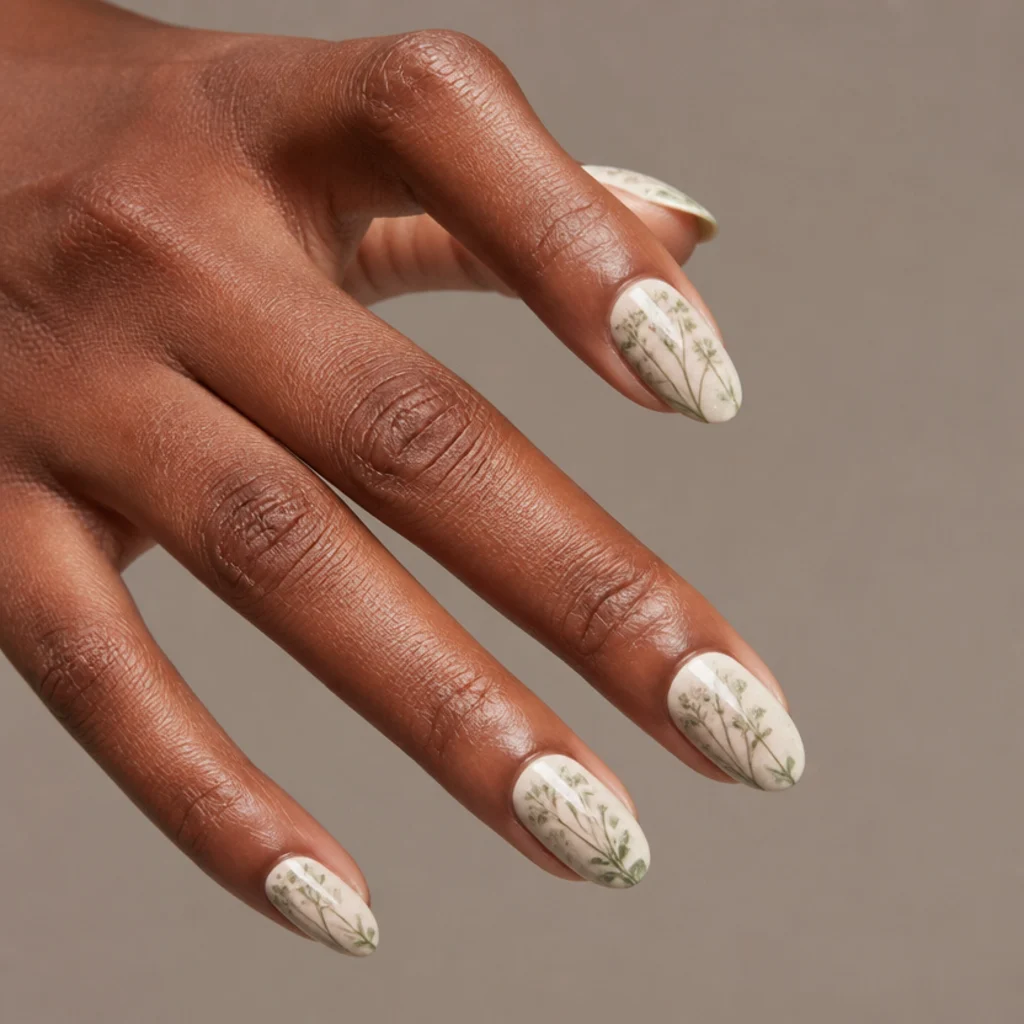 Oval nails with sage green blooming gel leaf sprigs trailing over a warm ivory base