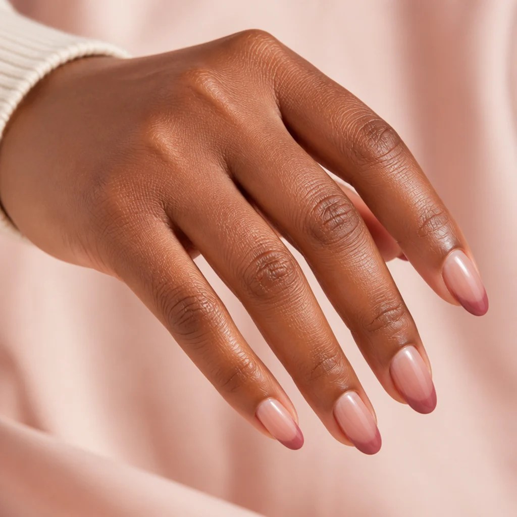 Almond nails with a soft berry blooming gel French edge feathered into a nude base