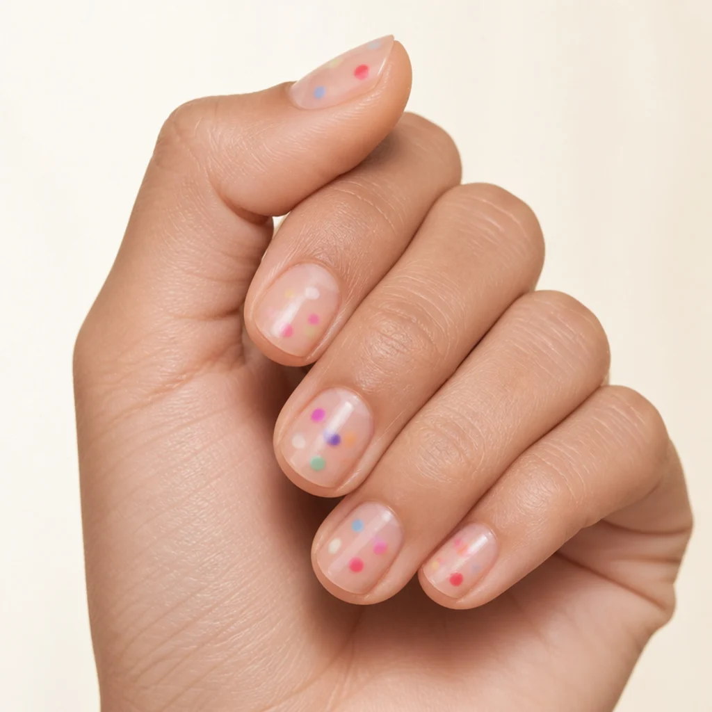 Short round natural nails scattered with tiny multicolor blooming gel confetti dots