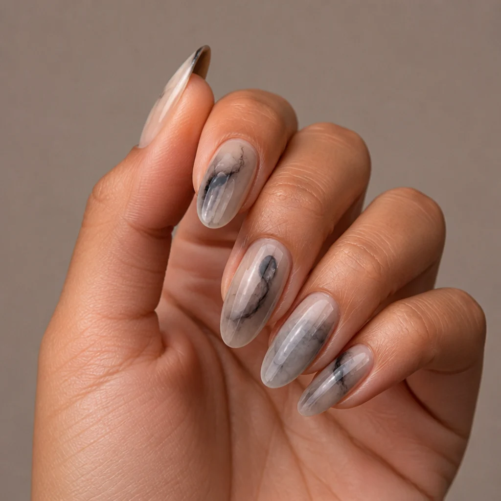 Almond nails with smoky gray blooming gel ink drops diffusing across a translucent base