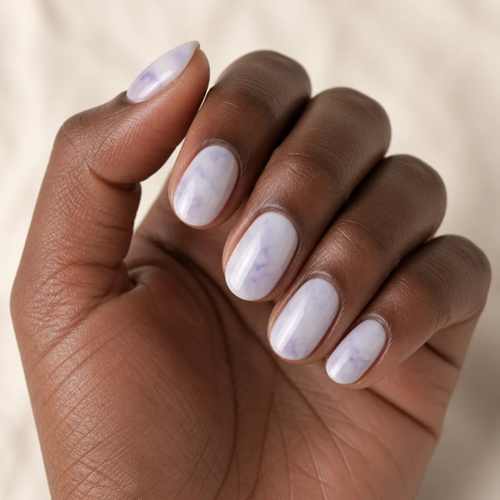 Oval nails with a soft lavender blooming gel haze drifting over a milky white base