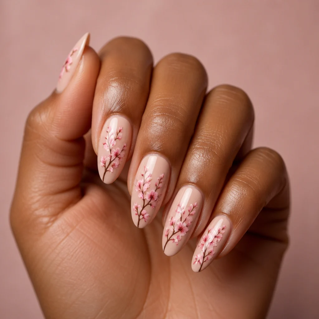 Long almond nails with a delicate cherry blossom branch of soft pink blooming gel florals