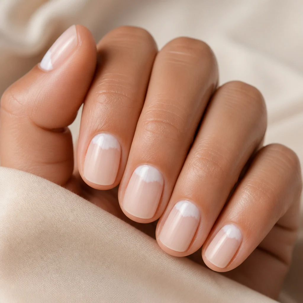 Short squoval nails with a soft white blooming gel half-moon diffused at the cuticle