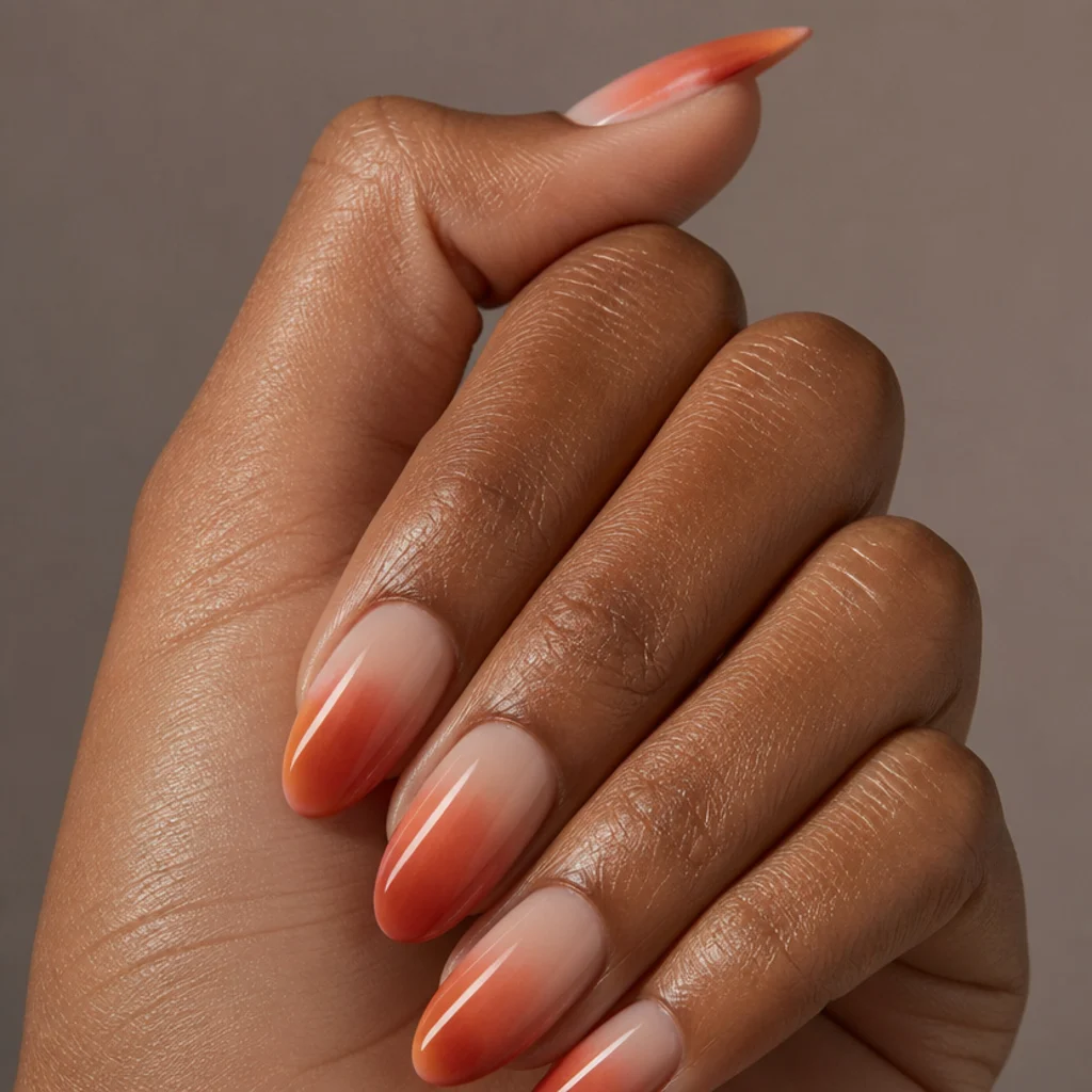 Almond nails with a warm terracotta blooming gel wash blending into a peach base
