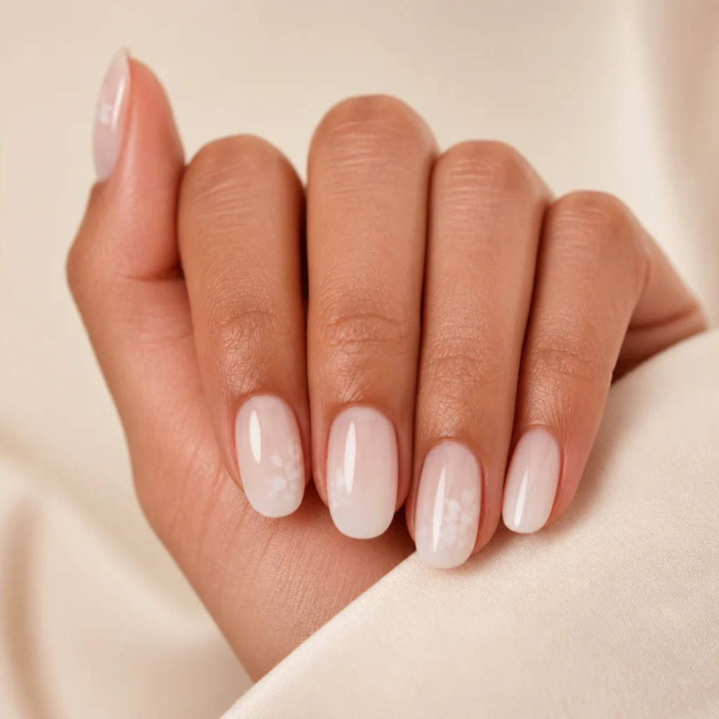 Oval nails with a soft white-to-nude ombre finished with diffused blooming gel edges