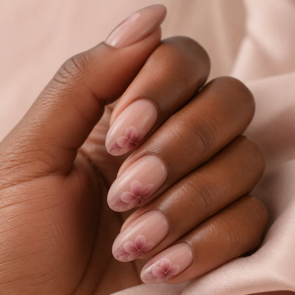 Almond nails with a cluster of dusty rose blooming gel petals gathered near the tip