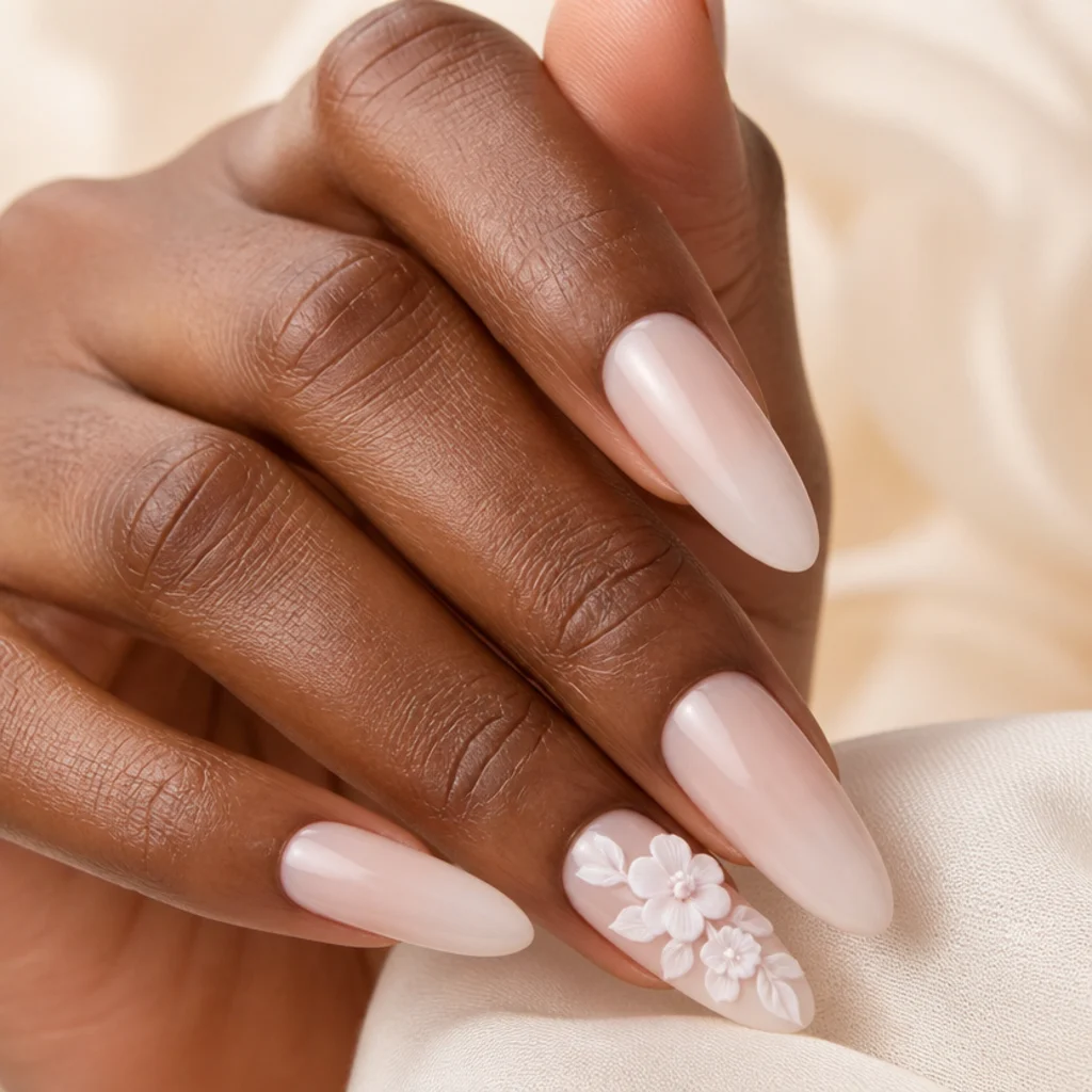 Ring-finger accent nail with a raised 3D white gel floral bouquet over a soft diffused base