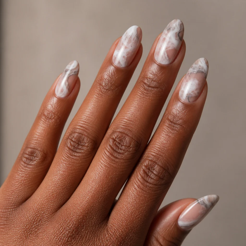 Almond nails with soft gray and white blooming gel marbling swirled across a translucent base