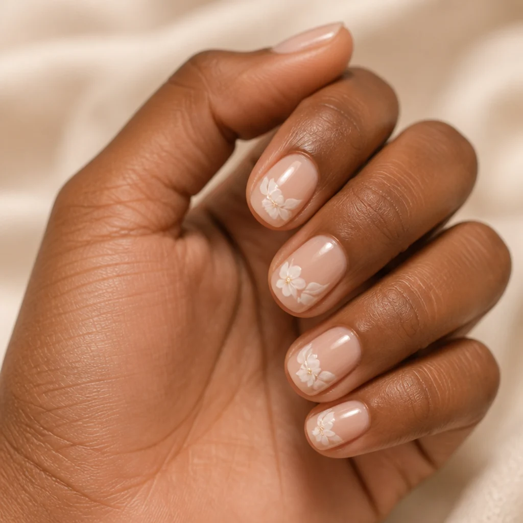 Short oval nails with soft white blooming gel florals over a warm my-lips-but-better nude base