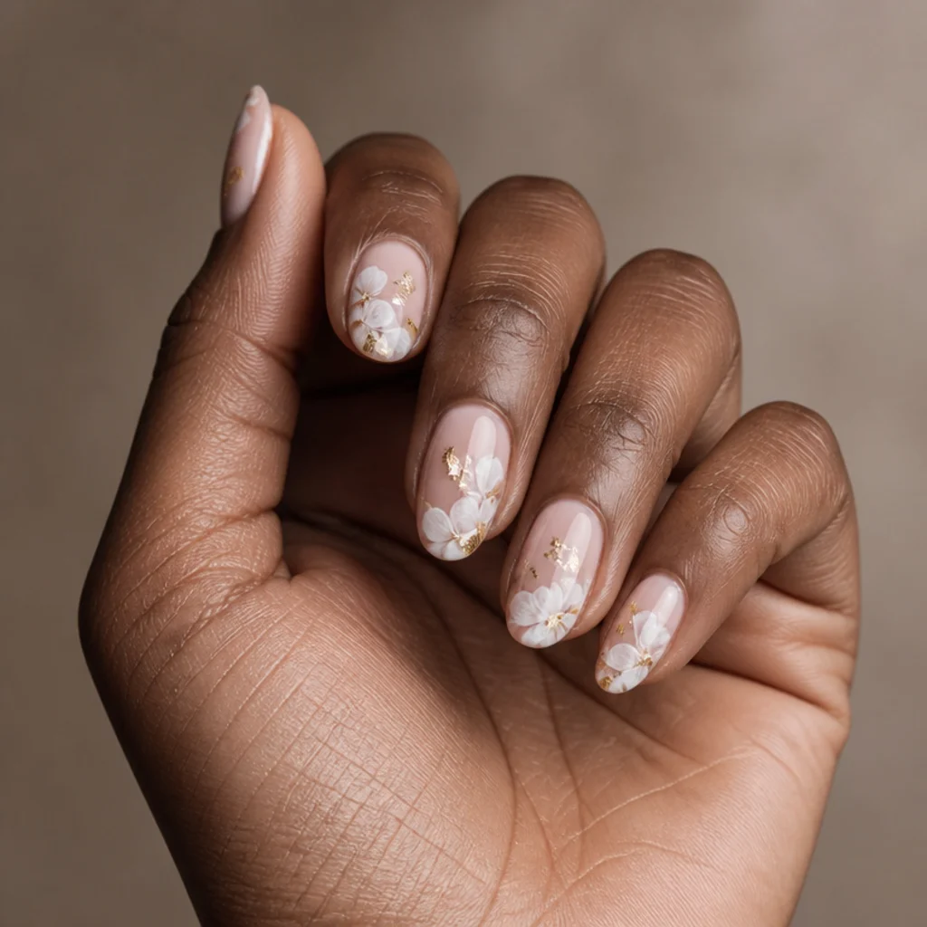 Almond nails with soft white blooming gel florals accented by scattered gold foil flecks