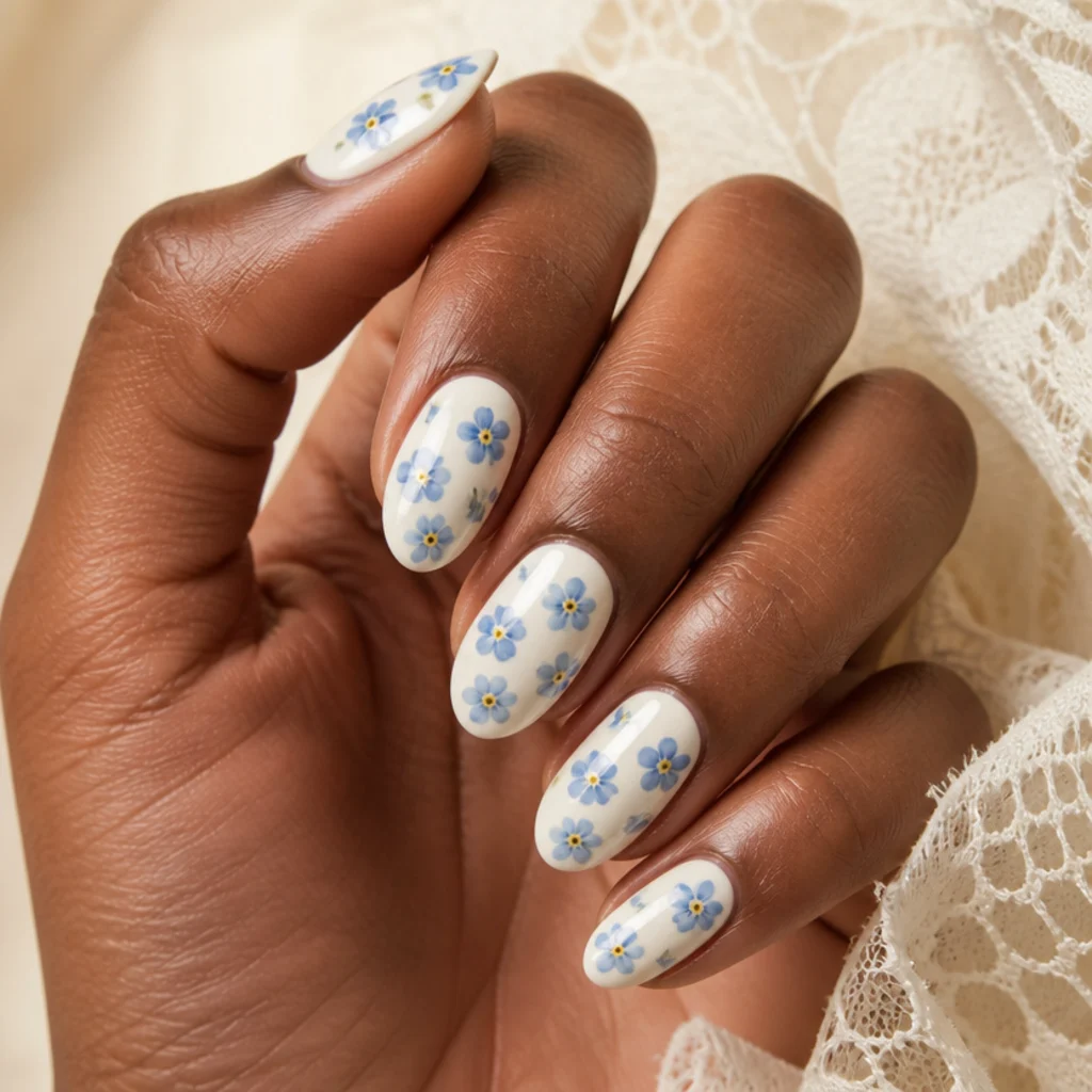 Oval nails with tiny forget-me-not blue blooming gel flowers with yellow centers scattered over a white base