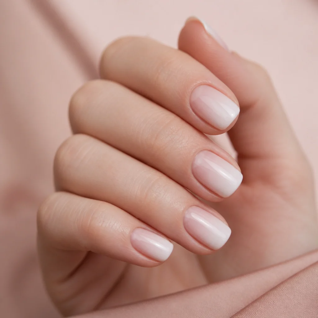 Short squoval nails with a soft diffused white bloom tip feathered lightly across a sheer base