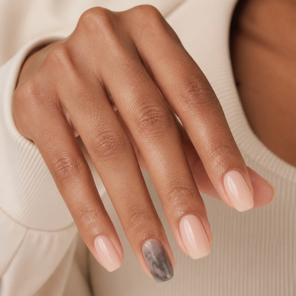 Ring-finger accent nail with a charcoal blooming gel smoke effect beside soft nude nails