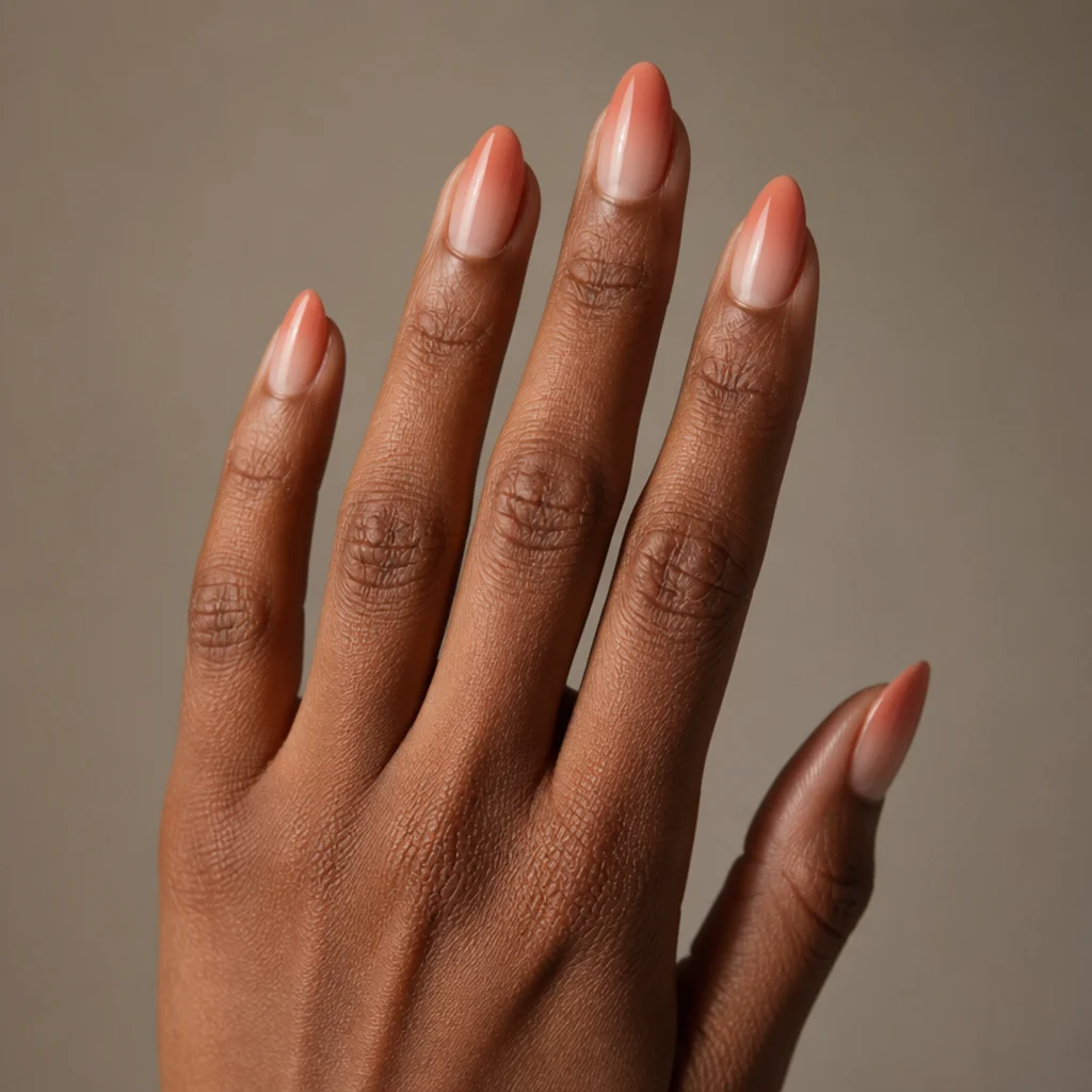 Almond nails with a soft peach blooming gel gradient fading from a warmer tip to a sheer cuticle