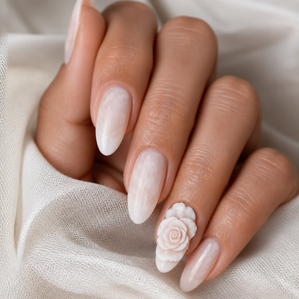 Ring-finger accent nail with a sculpted 3D white gel rose over soft diffused blooming petals