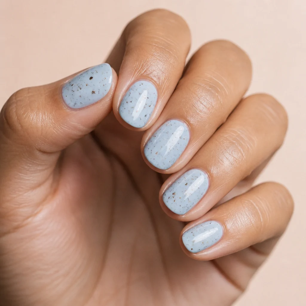 Short oval nails with a speckled robin's-egg effect of fine brown flecks over pale blue blooming gel