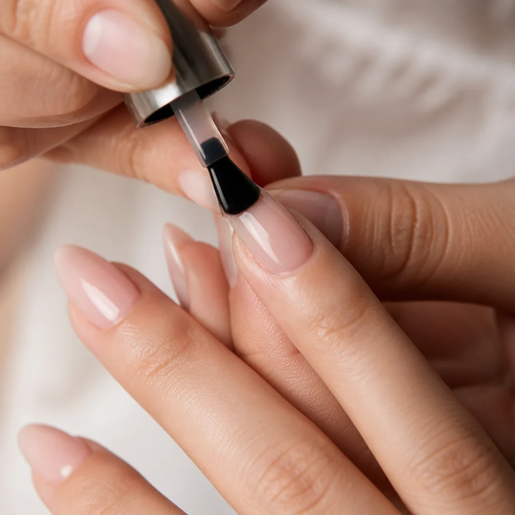 Close macro of a nail brush laying a thin even coat of clear blooming gel across a nude almond nail