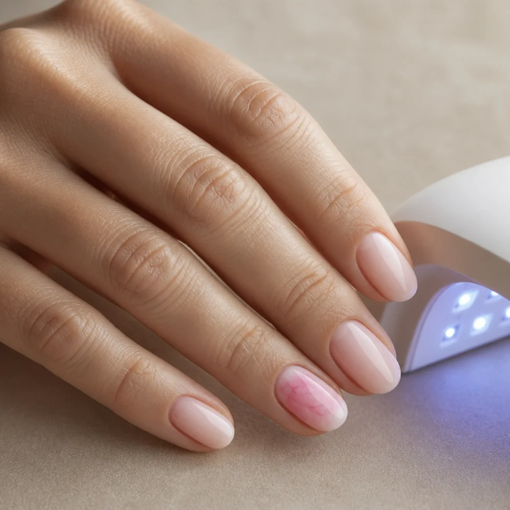 Hand under a UV lamp with a partially bloomed soft pink design diffusing across the nail surface