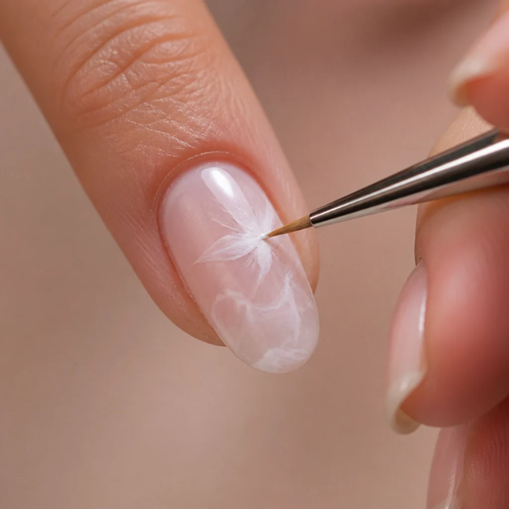 Macro of a fine liner brush touching sheer white pigment into clear gel that feathers outward on an oval nail