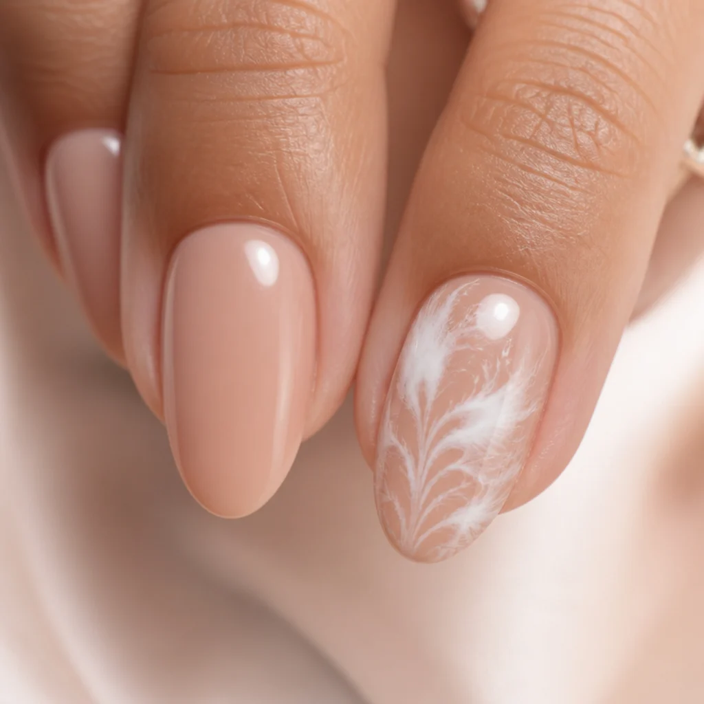 Nude nails with a smooth cured base coat beside a glossy top-coat sealed feathered design on a blush backdrop