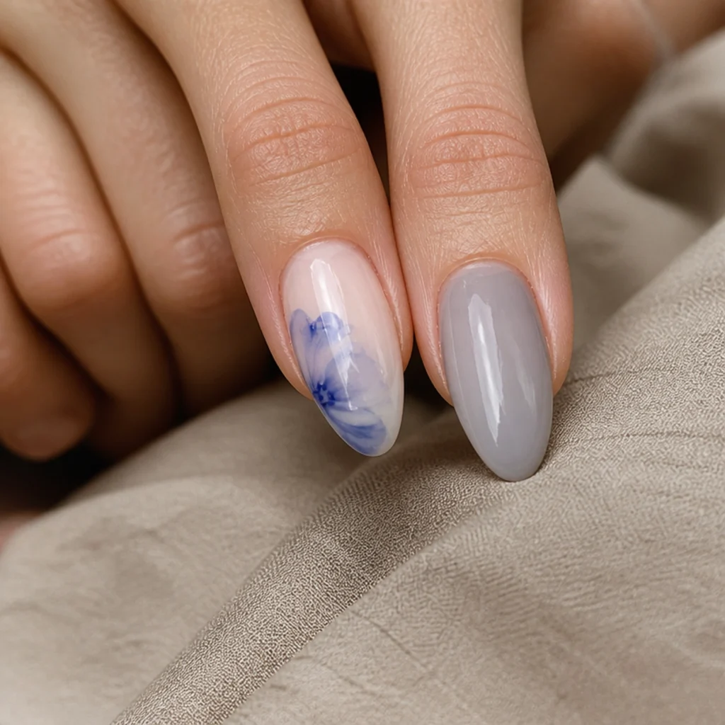 Two almond nails compared, one clean airy blue bloom and one overworked muddy design, on taupe fabric