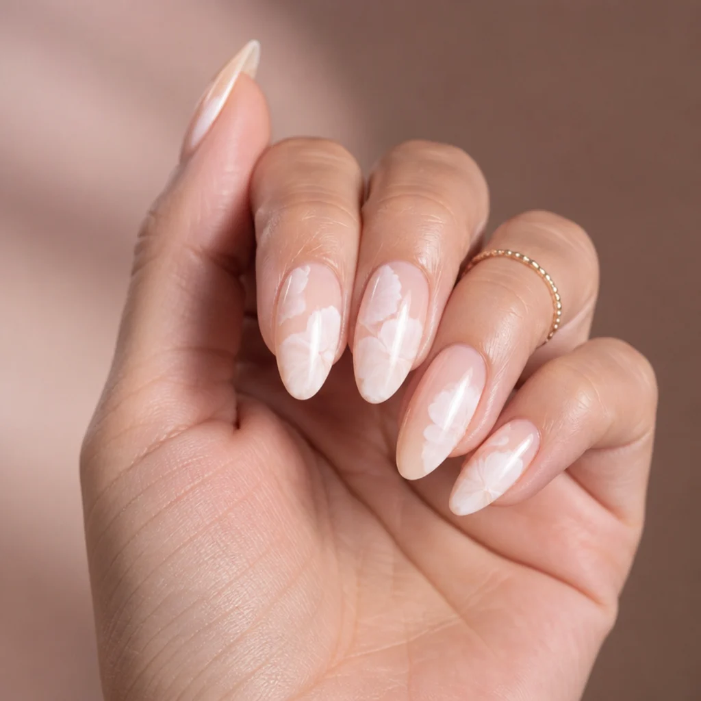 Manicured hand with white blooming gel nail art feathering softly across almond nails on a taupe backdrop