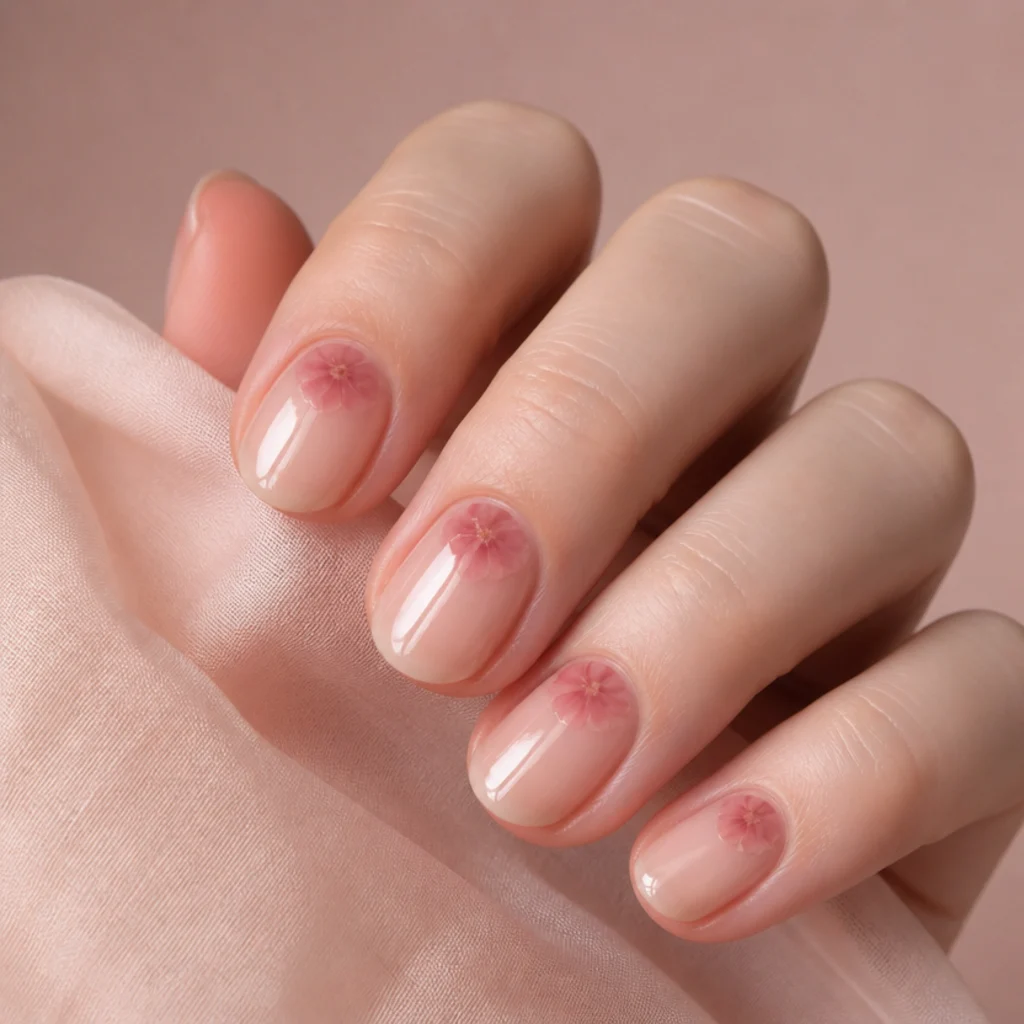 Short round nails on a fair hand with a sheer nude base and a single soft blush blooming gel flower feathered just off the cuticle of each nail