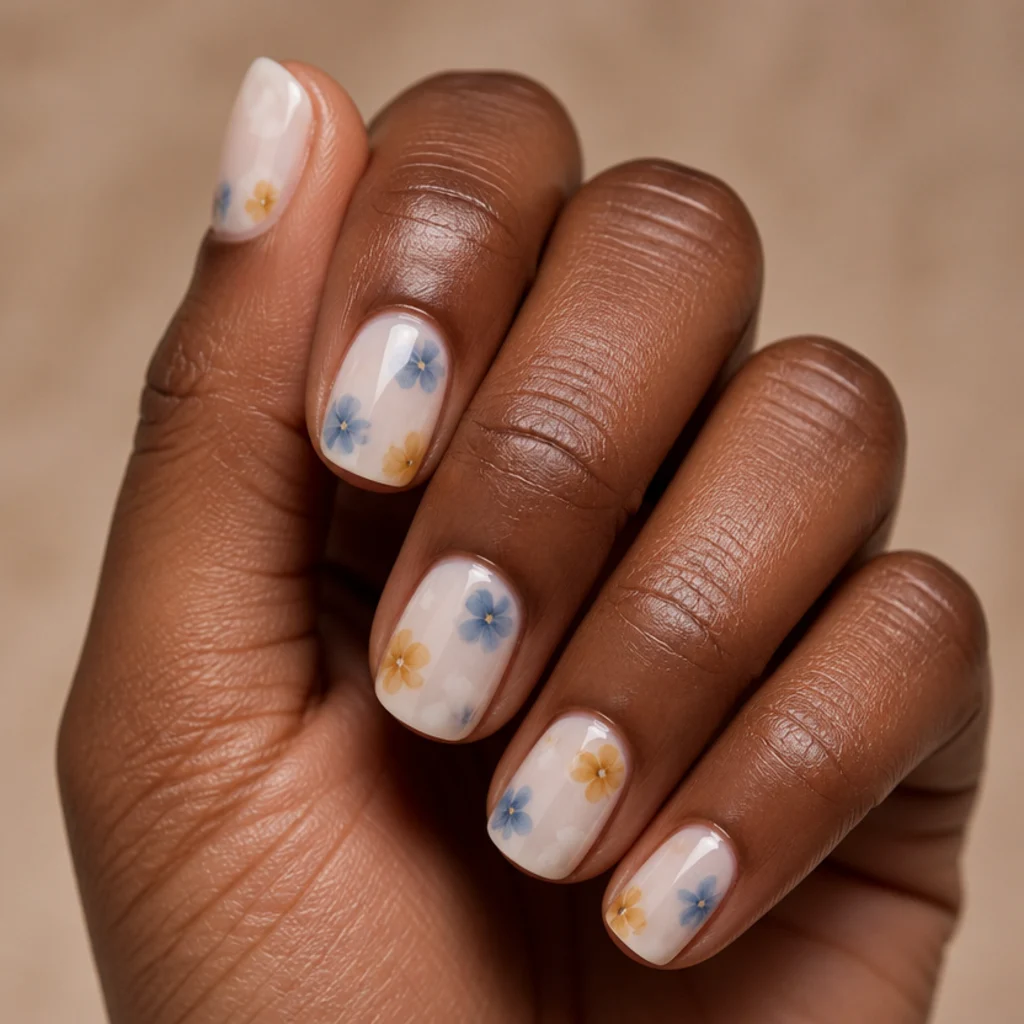Short squoval nails with a milky white base and scattered small cornflower-blue and butter-yellow blooming gel wildflowers, no two nails matching, on a deep skin tone