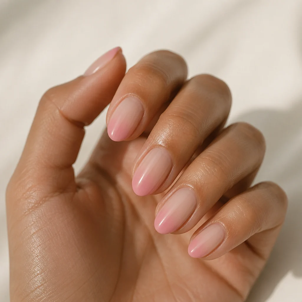 Short almond nails with a sheer base and a soft feathered pink blooming gel French tip melting down into the nail on a medium skin tone