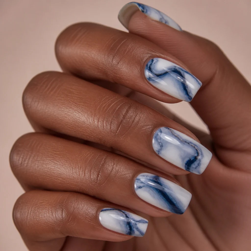 Short coffin nails with a white base and swirling inky navy and soft dove-gray blooming gel marble resembling polished agate on a light brown hand