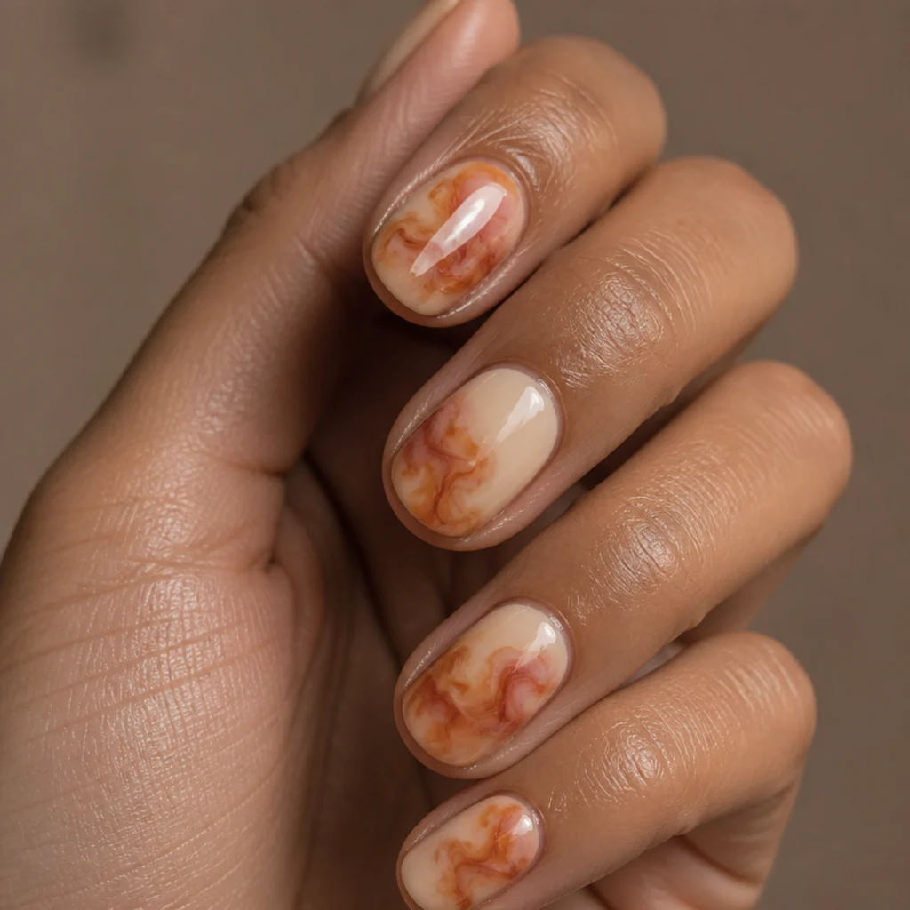 Short round nails with a warm cream base and terracotta and amber blooming gel blooms blending like a sunset gradient on a tan hand