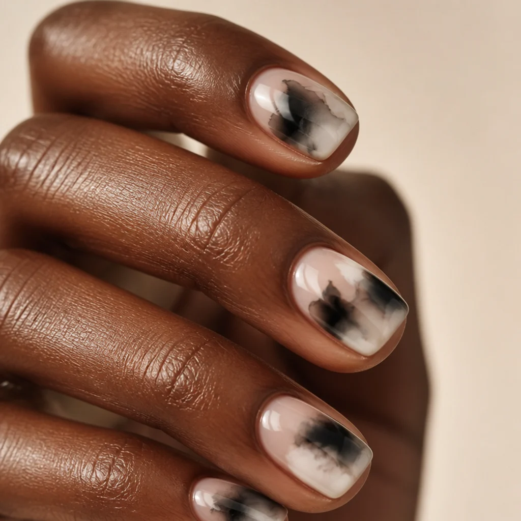 Short squoval nails with a sheer base and dramatic black and white blooming gel ink-wash strokes floating like sumi-e painting on a deep skin tone